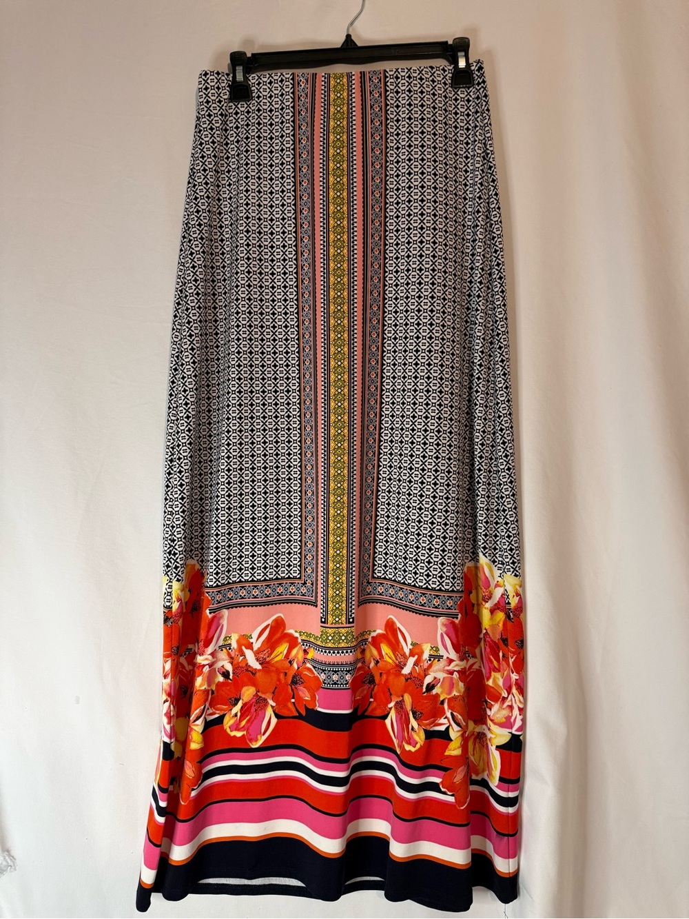 ECI New York Maxi Skirt M Floral Geometric Border Print Stretch Boho Colorful